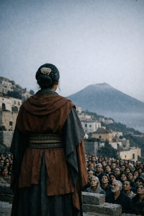 A robed figure addressing a crowd beneath a smouldering mountain